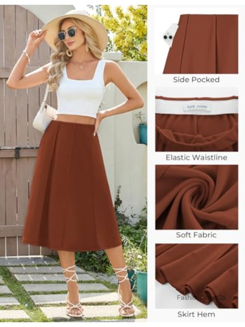 Flowy Midi A-Line Skirt with Pockets High Waisted Pleated Skirt - Picture 3 of 6